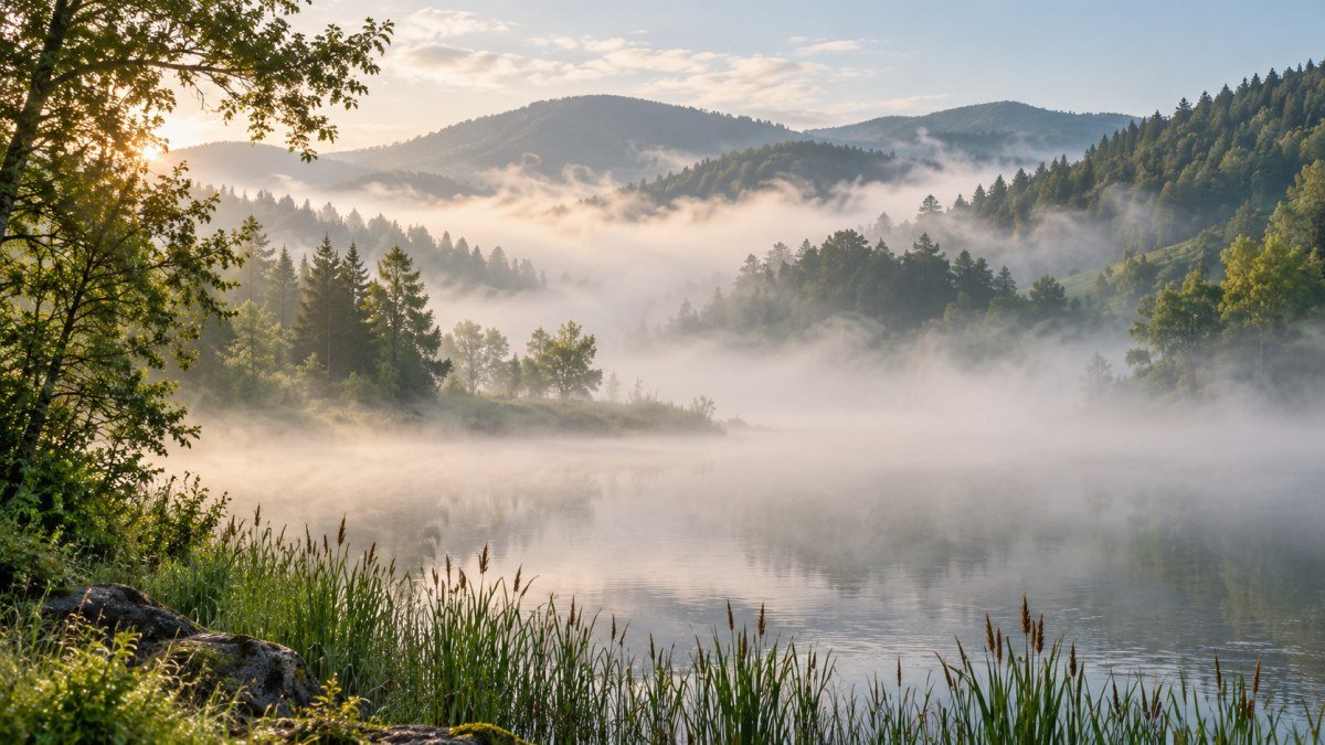 Niebla sobre un lago y entre las colinas boscosas de un valle.