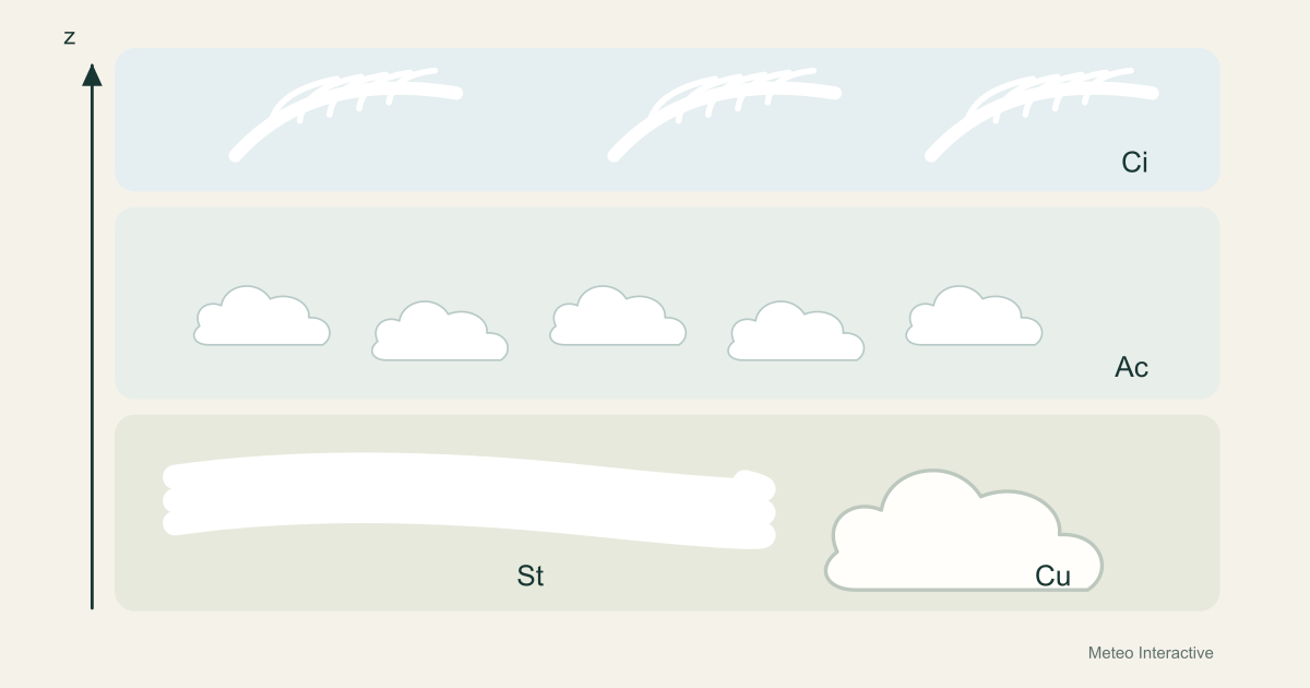 Sketches of wispy cirrus, patchy altocumulus, flat stratus and cumulus heaps.